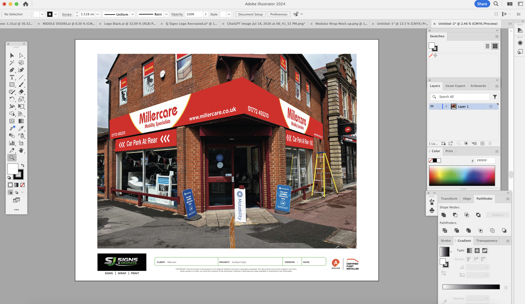 MillerCare shopfront signage design proof shown in Adobe Illustrator